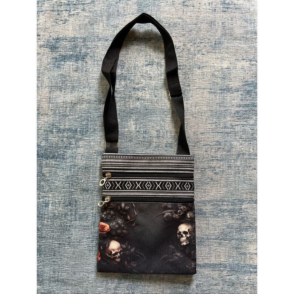 Black Gothic Floral Skull Cotton Canvas Double Pocket Crossbody Shoulder Pouch
